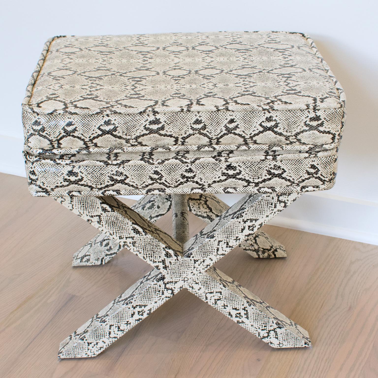 Mid-Century Modern Billy Baldwin Style Python Leather X-Bench Ottoman Footstool
