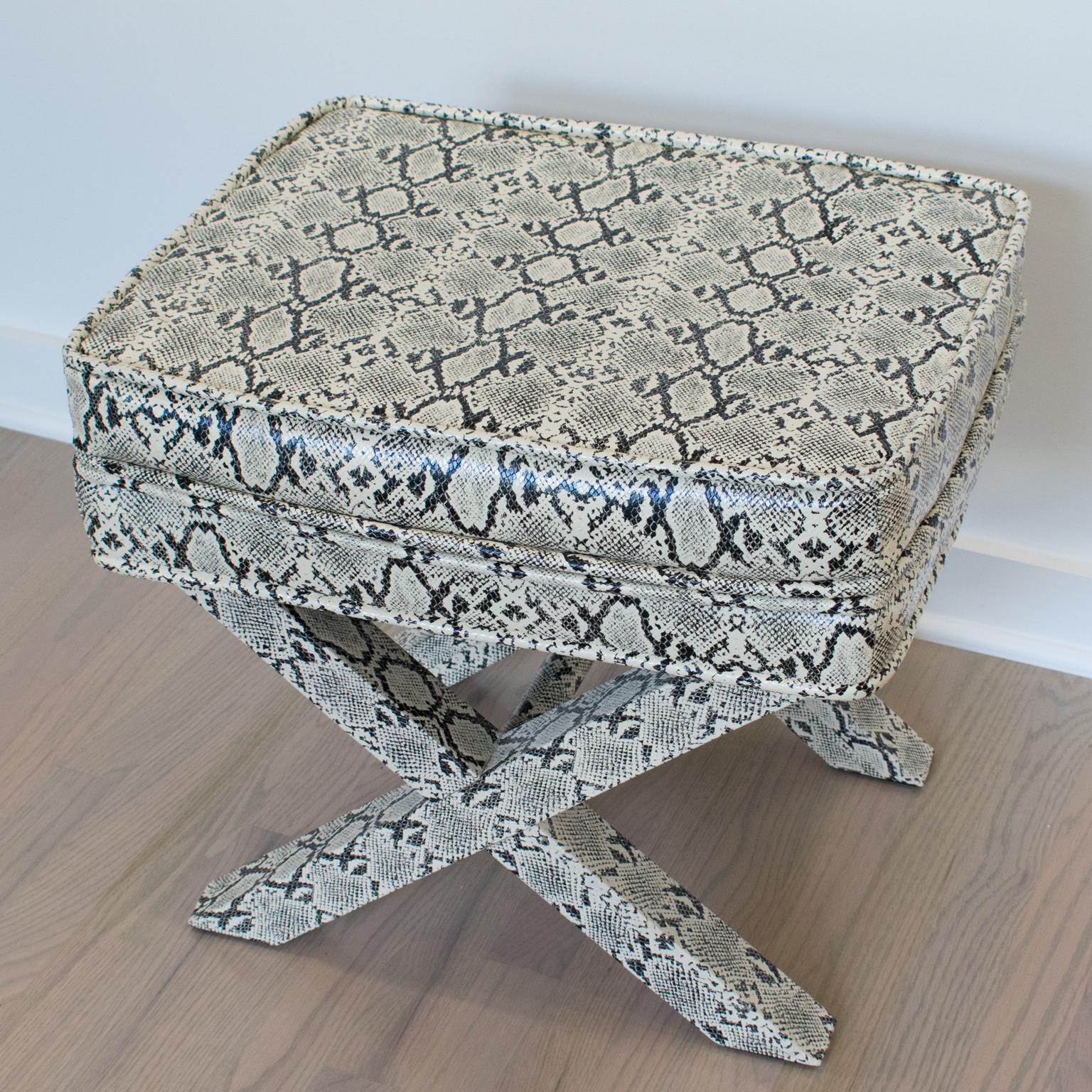 Mid-Century Modern Billy Baldwin Style Python Leather X-Bench Ottoman Footstool For Sale