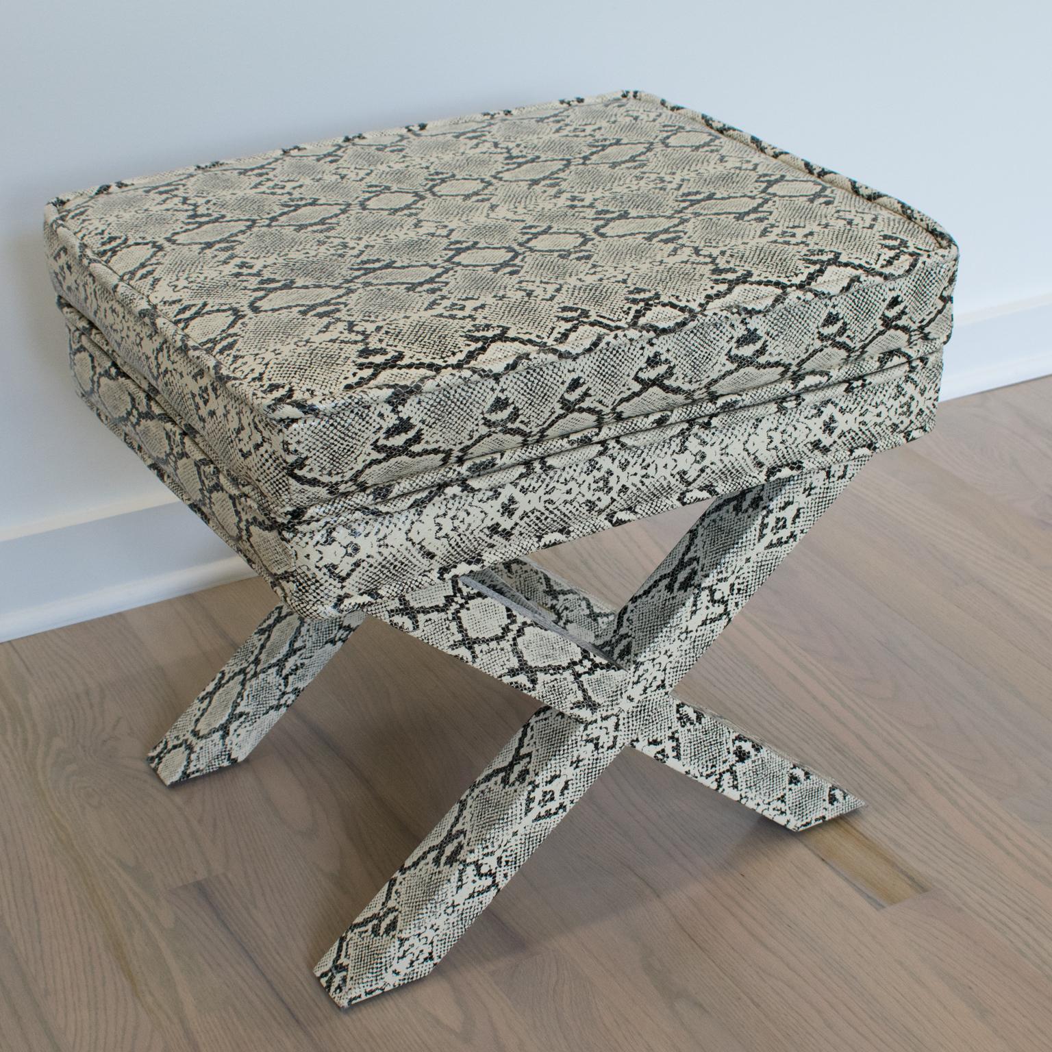 Billy Baldwin Style Python Leather X-Bench Ottoman Footstool In Excellent Condition In Atlanta, GA