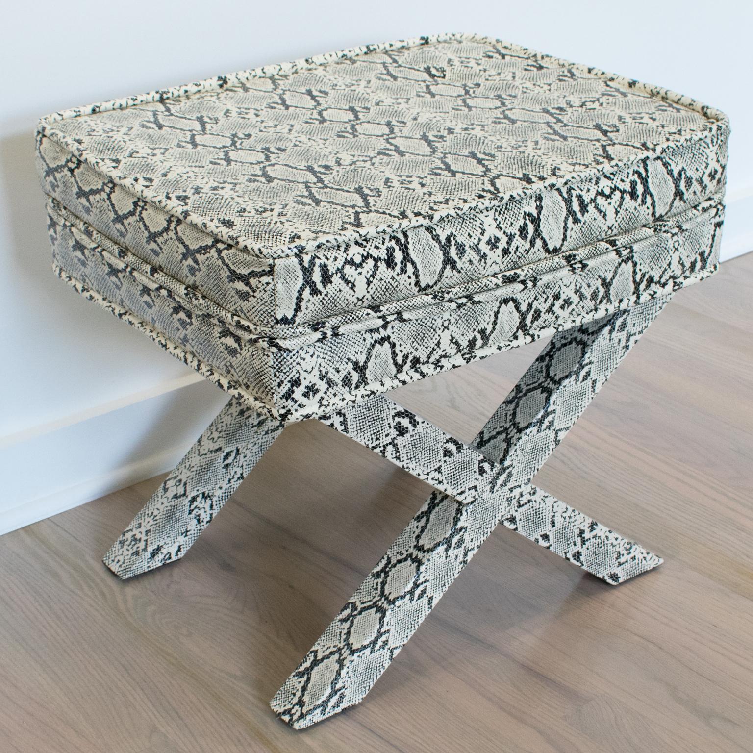 20th Century Billy Baldwin Style Python Leather X-Bench Ottoman Footstool For Sale