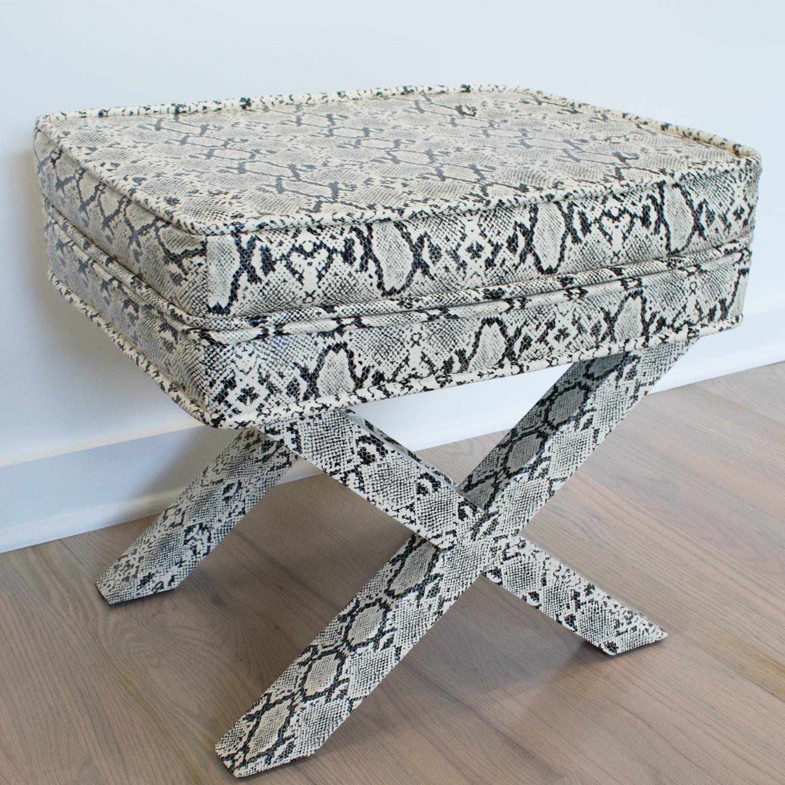 Faux Leather Billy Baldwin Style Python Leather X-Bench Ottoman Footstool For Sale