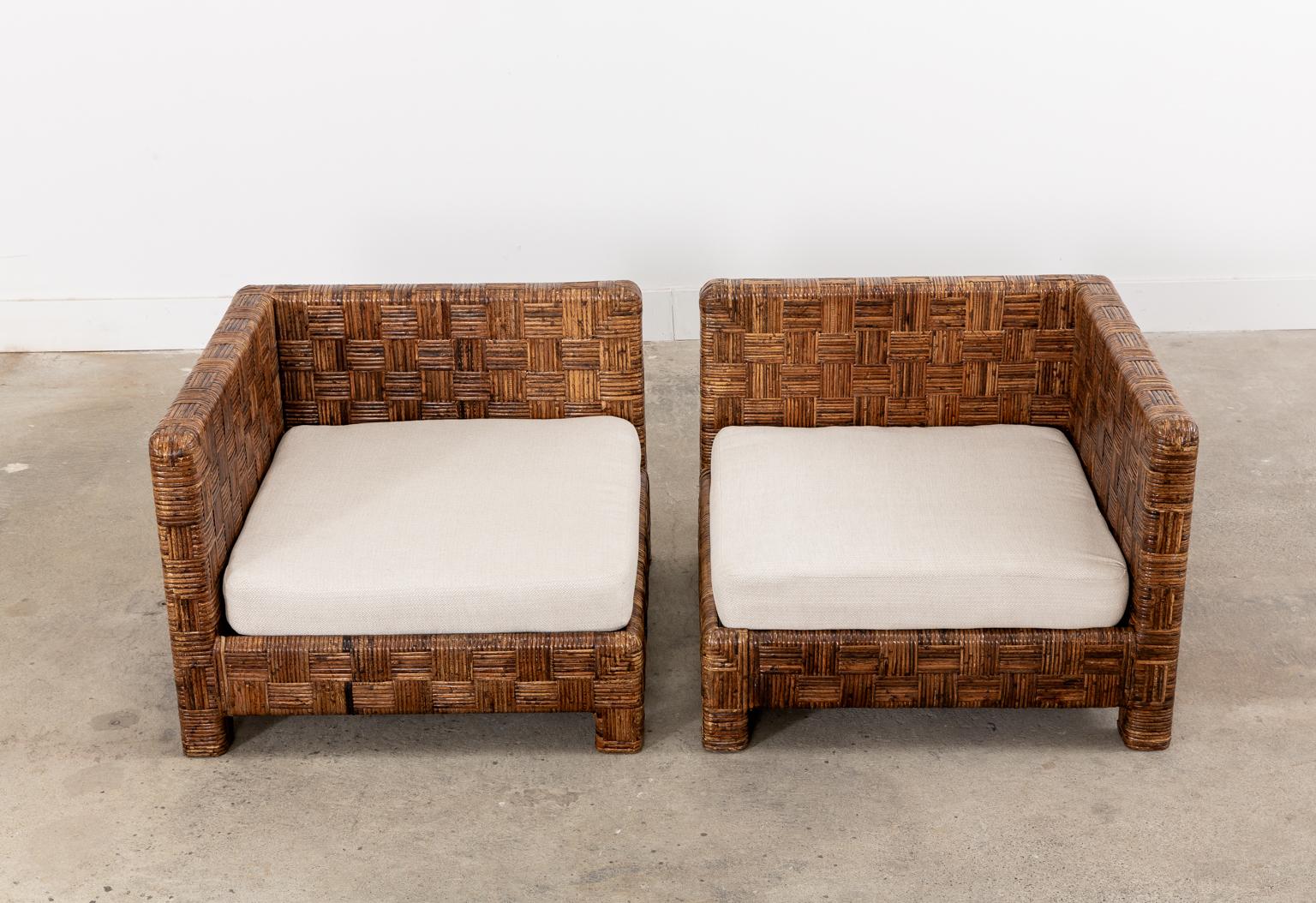 20th Century Billy Baldwin Style Two Part Cane Basketweave Parsons Sofa Settee For Sale
