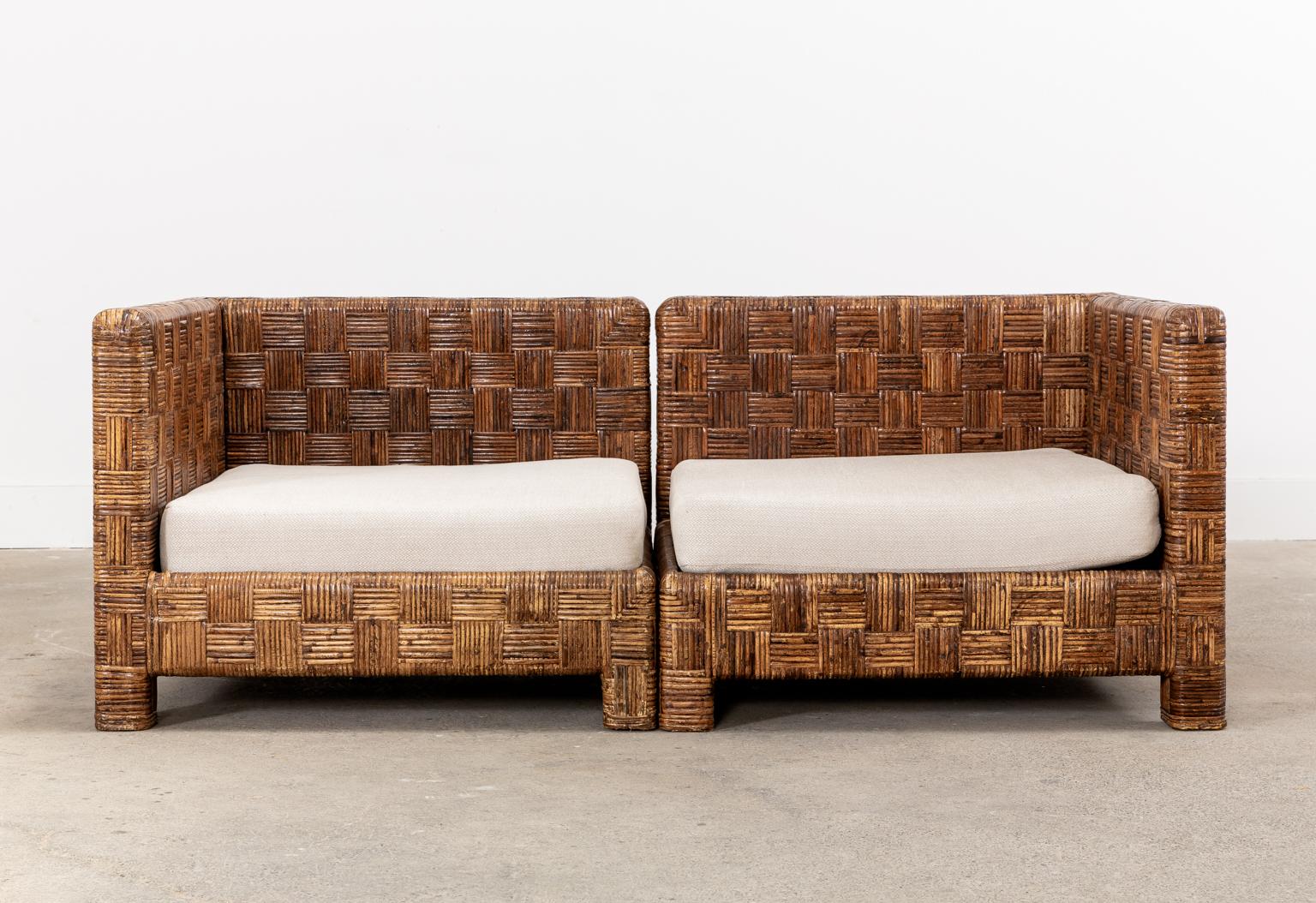 Billy Baldwin Style Two Part Cane Basketweave Parsons Sofa Settee 2