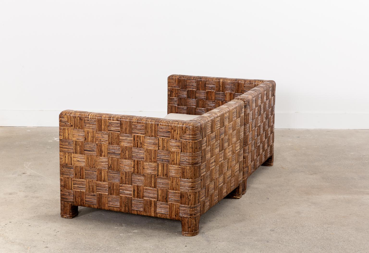 Mid-Century Modern Billy Baldwin Style Two Part Cane Basketweave Parsons Sofa Settee For Sale