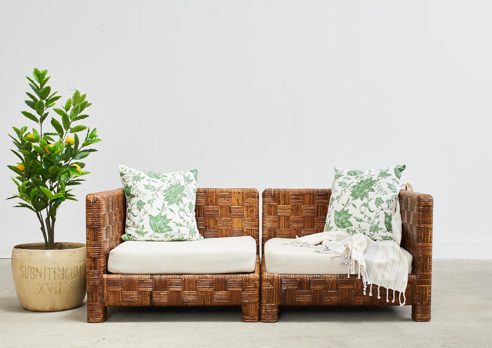 Woven Billy Baldwin Style Two Part Cane Basketweave Parsons Sofa Settee
