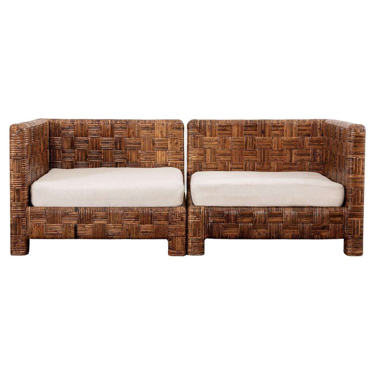 Billy Baldwin Style Two Part Cane Basketweave Parsons Sofa Settee For Sale