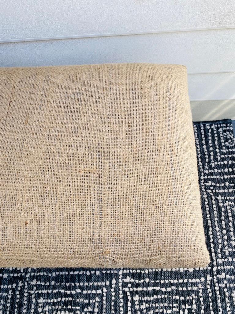 Billy Baldwin Style X Base Bench Upholstered in Organic Burlap with Brass Studs 3