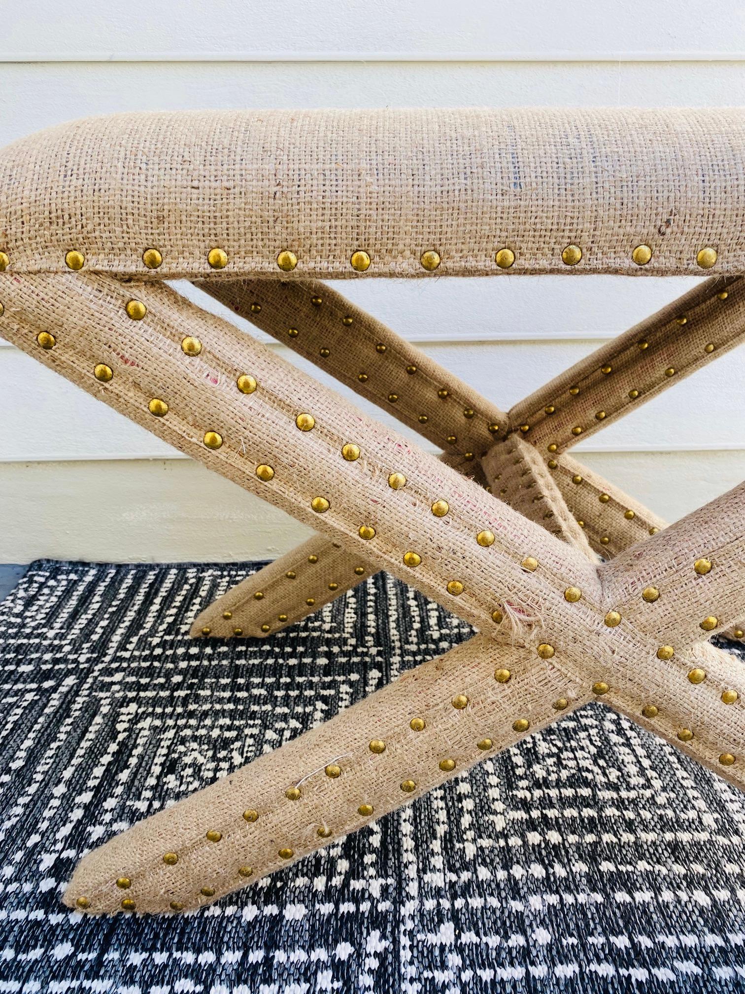 Billy Baldwin Style X Base Bench Upholstered in Organic Burlap with Brass Studs 4