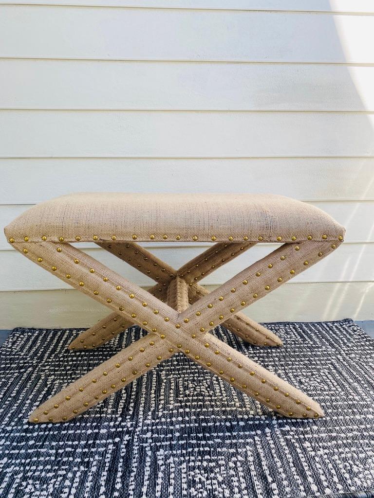 Hollywood Regency Billy Baldwin Style X Base Bench Upholstered in Organic Burlap with Brass Studs