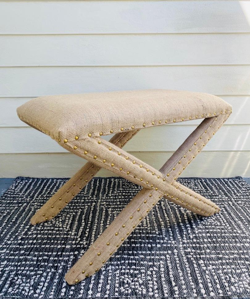 American Billy Baldwin Style X Base Bench Upholstered in Organic Burlap with Brass Studs