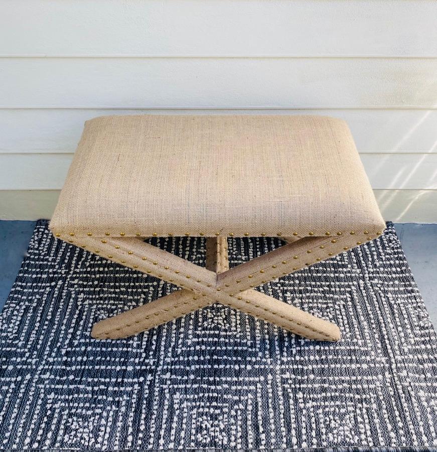 Hand-Crafted Billy Baldwin Style X Base Bench Upholstered in Organic Burlap with Brass Studs