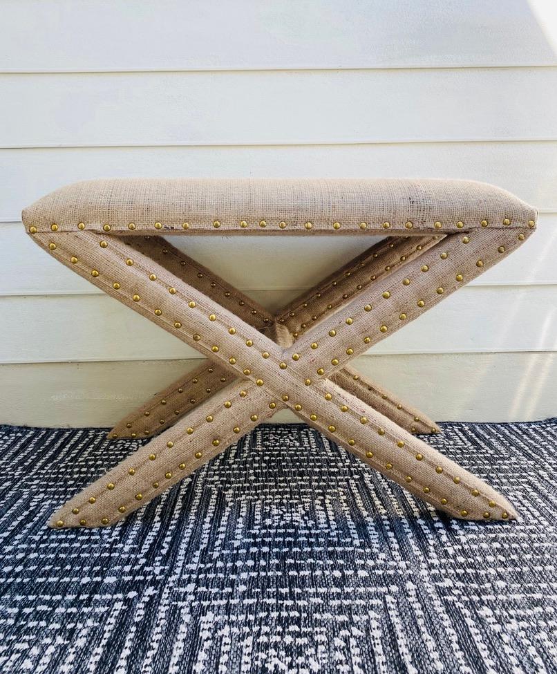 Billy Baldwin Style X Base Bench Upholstered in Organic Burlap with Brass Studs In Good Condition In Fort Lauderdale, FL