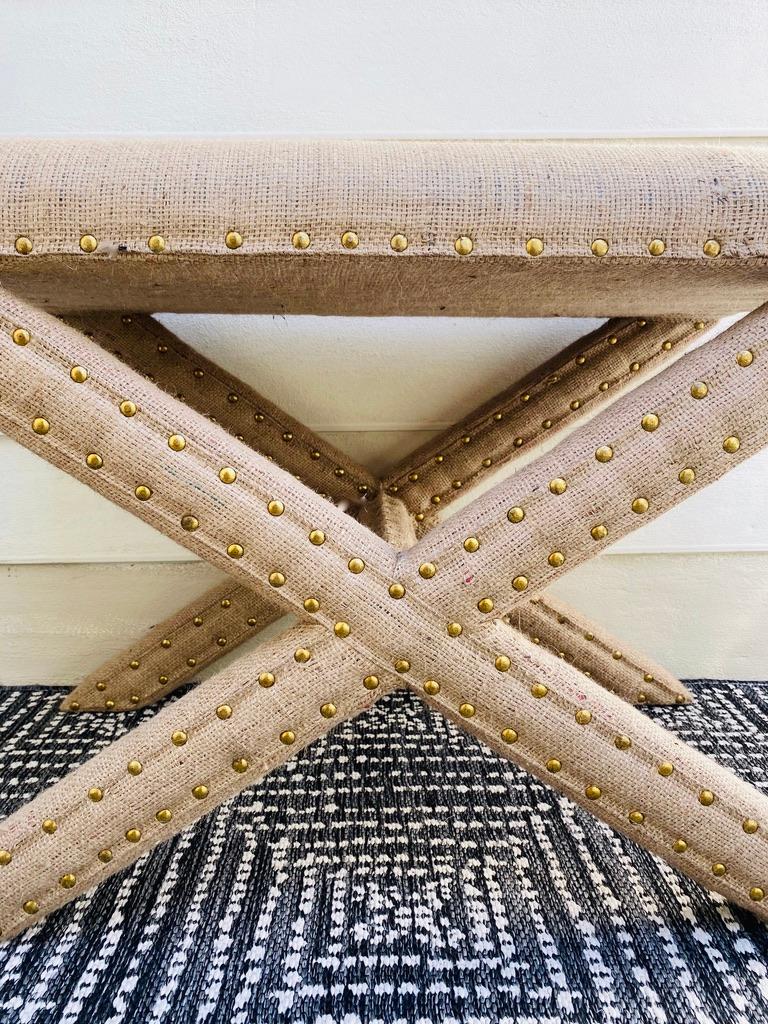 Billy Baldwin Style X Base Bench Upholstered in Organic Burlap with Brass Studs 1