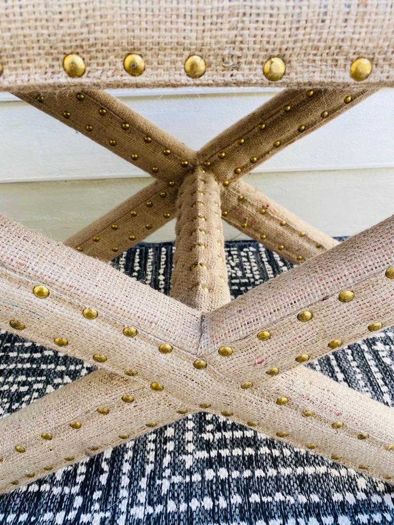 Billy Baldwin Style X Base Bench Upholstered in Organic Burlap with Brass Studs 2