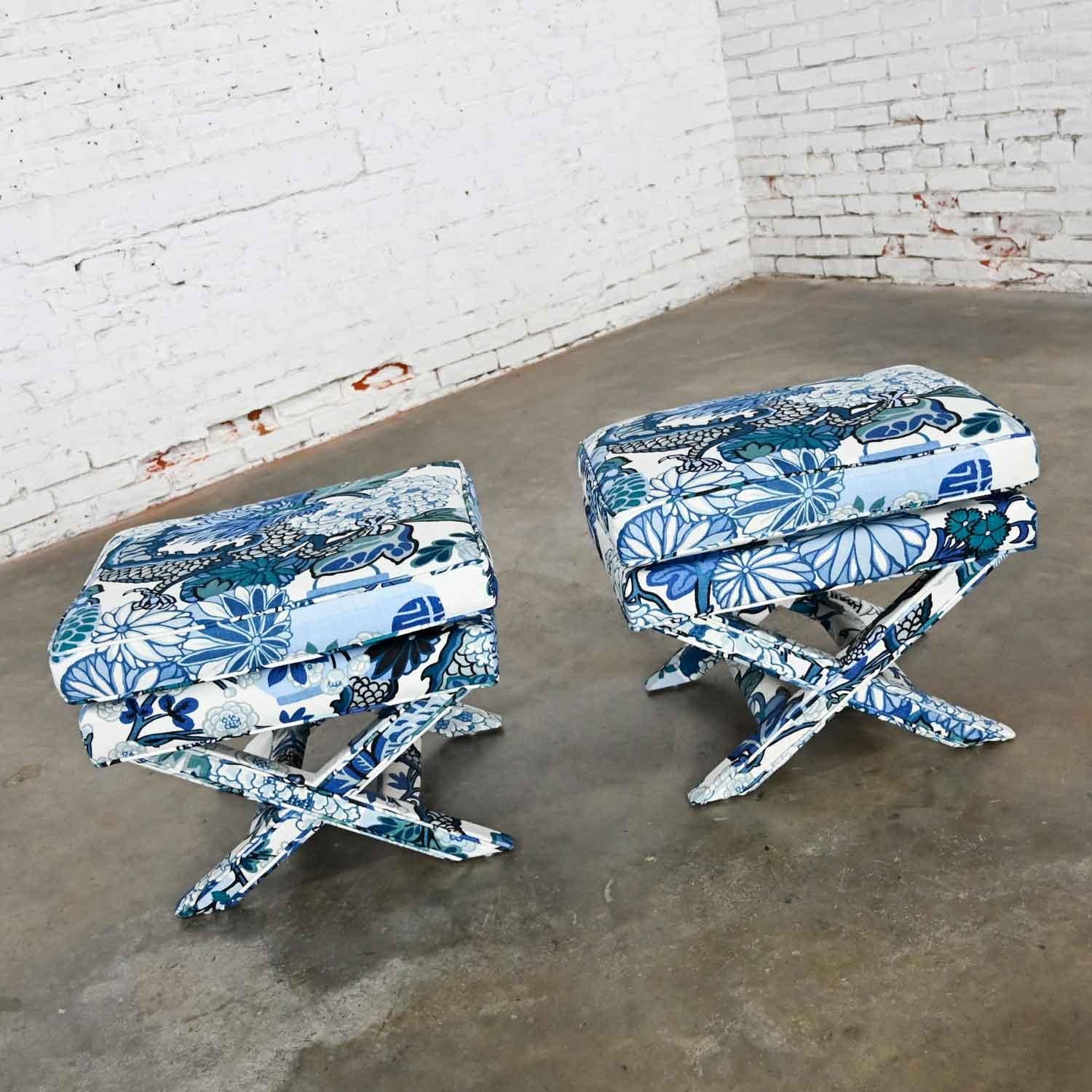 Billy Baldwin Style X Base Benches Stools in Schumacher Blue Chiang Mai Dragon 4
