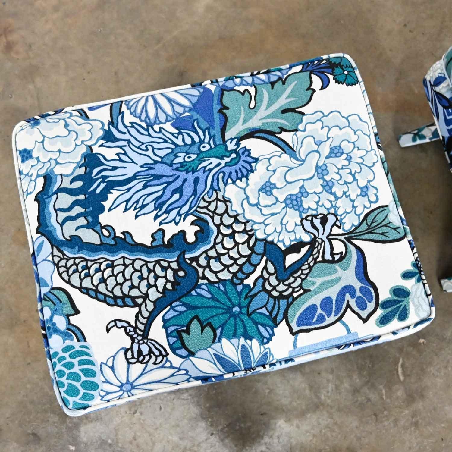 Billy Baldwin Style X Base Benches Stools in Schumacher Blue Chiang Mai Dragon 6