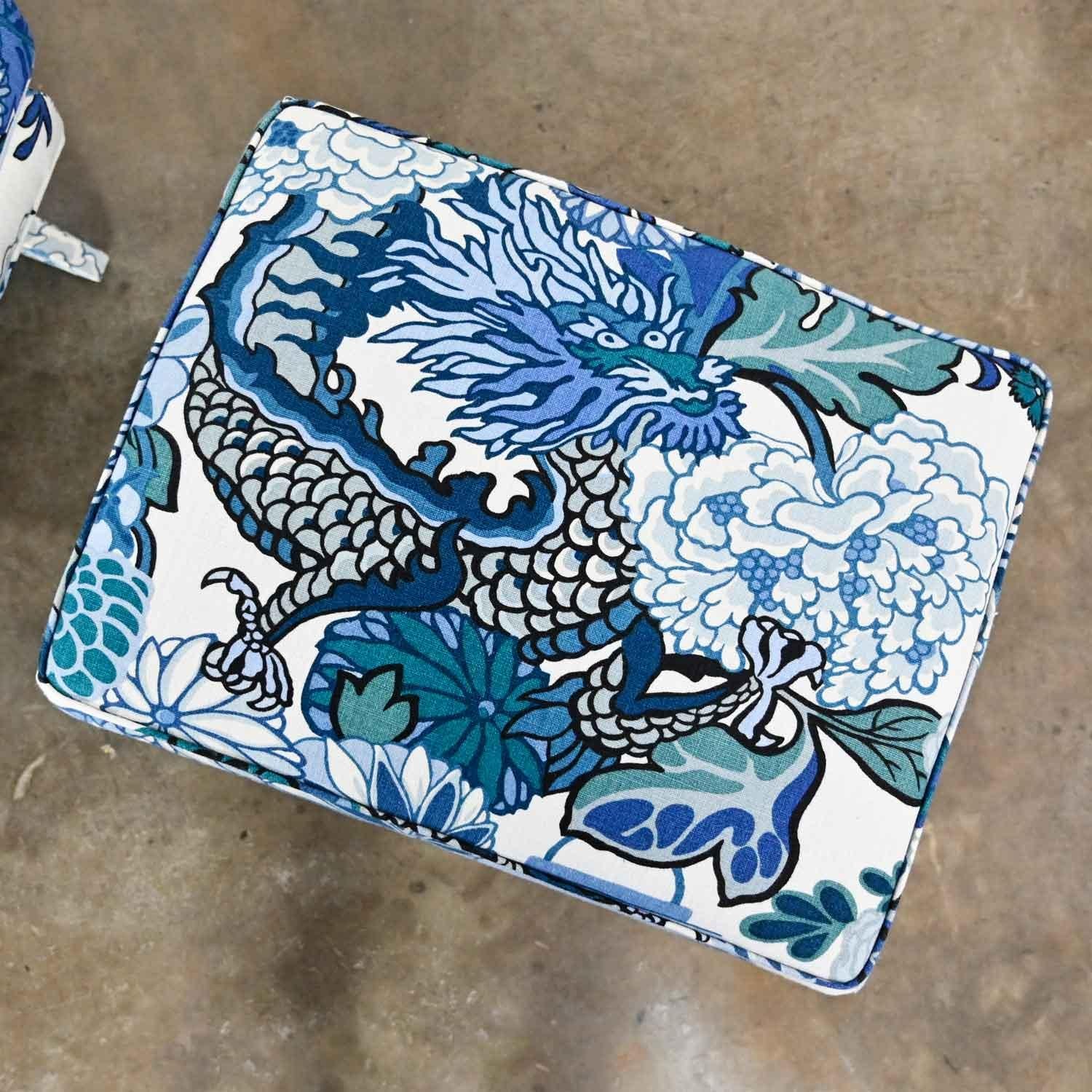 Billy Baldwin Style X Base Benches Stools in Schumacher Blue Chiang Mai Dragon 7