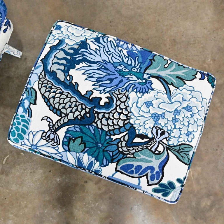 Billy Baldwin Style X Base Benches Stools in Schumacher Blue Chiang Mai Dragon For Sale 7