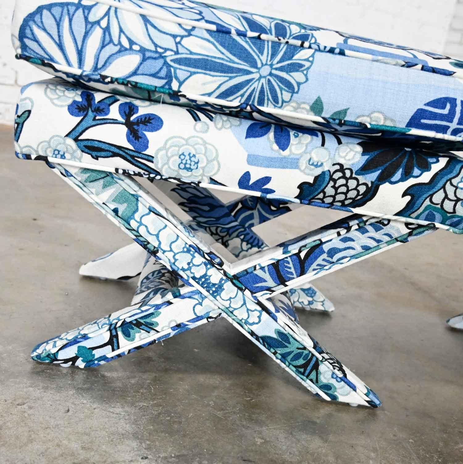 Billy Baldwin Style X Base Benches Stools in Schumacher Blue Chiang Mai Dragon 8