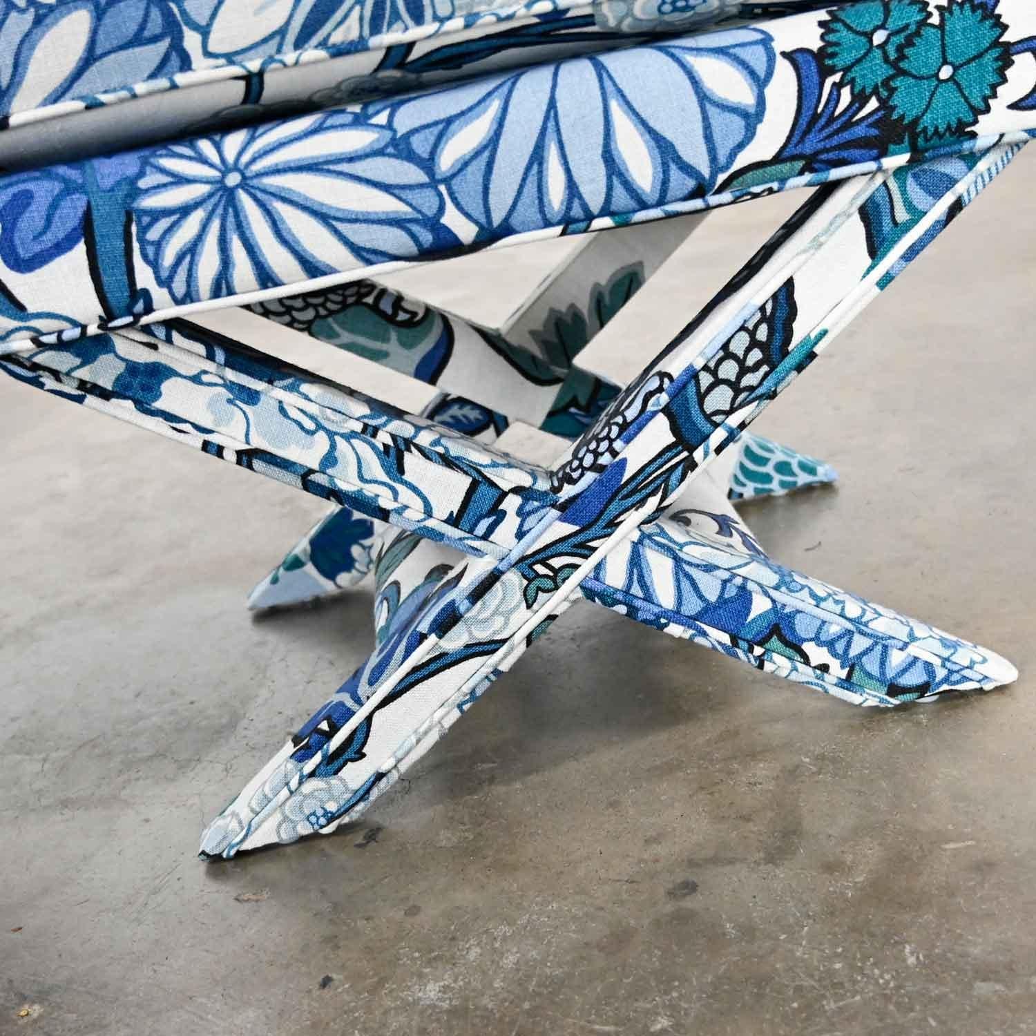Billy Baldwin Style X Base Benches Stools in Schumacher Blue Chiang Mai Dragon 9