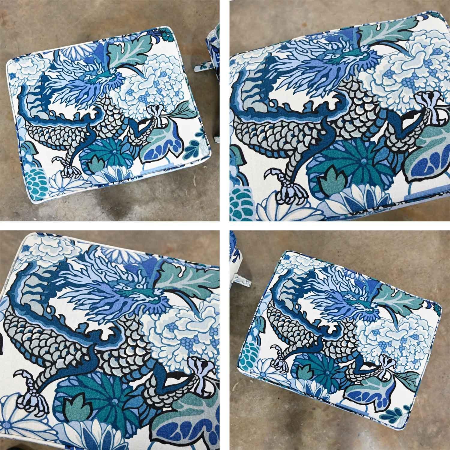 Billy Baldwin Style X Base Benches Stools in Schumacher Blue Chiang Mai Dragon 10