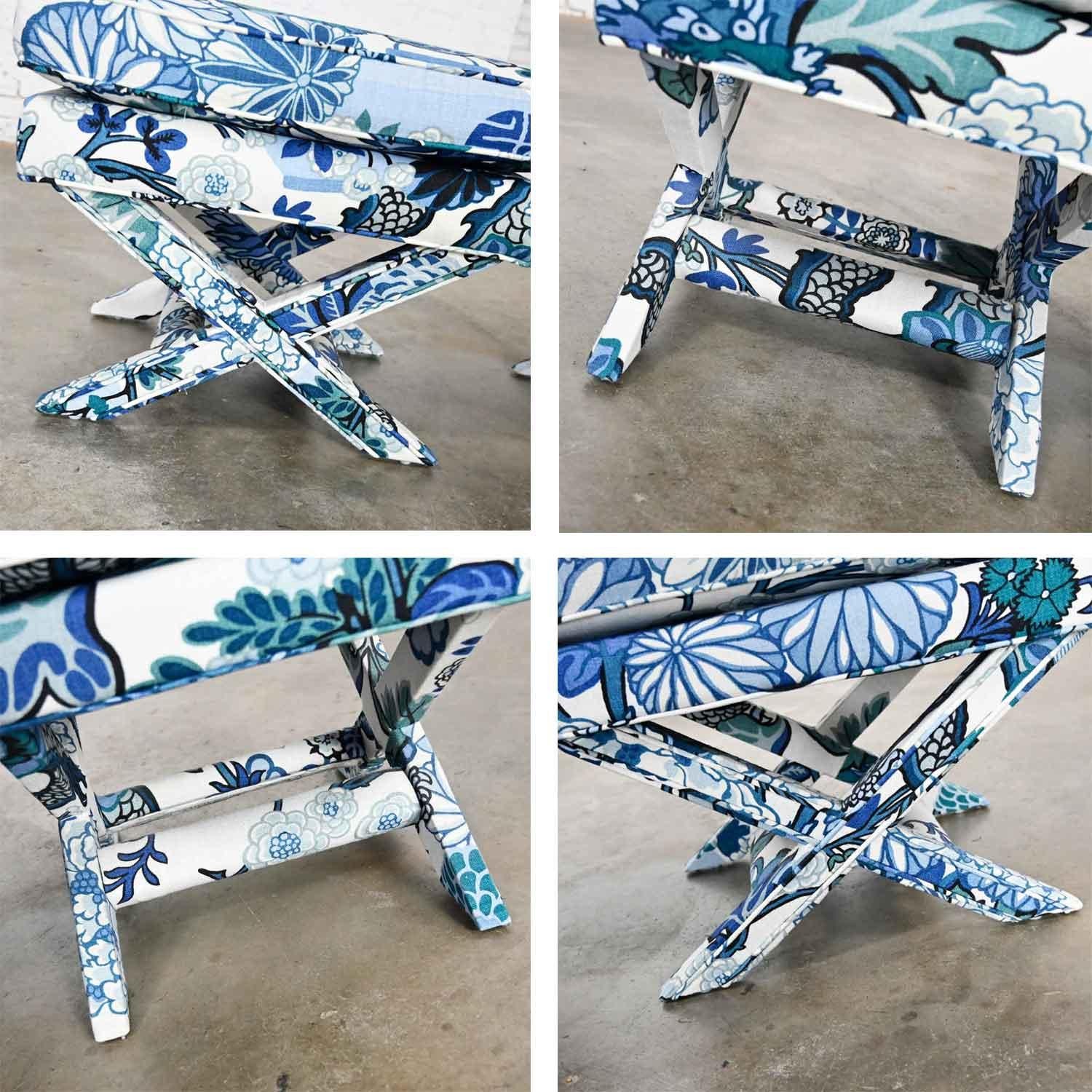 Billy Baldwin Style X Base Benches Stools in Schumacher Blue Chiang Mai Dragon 11