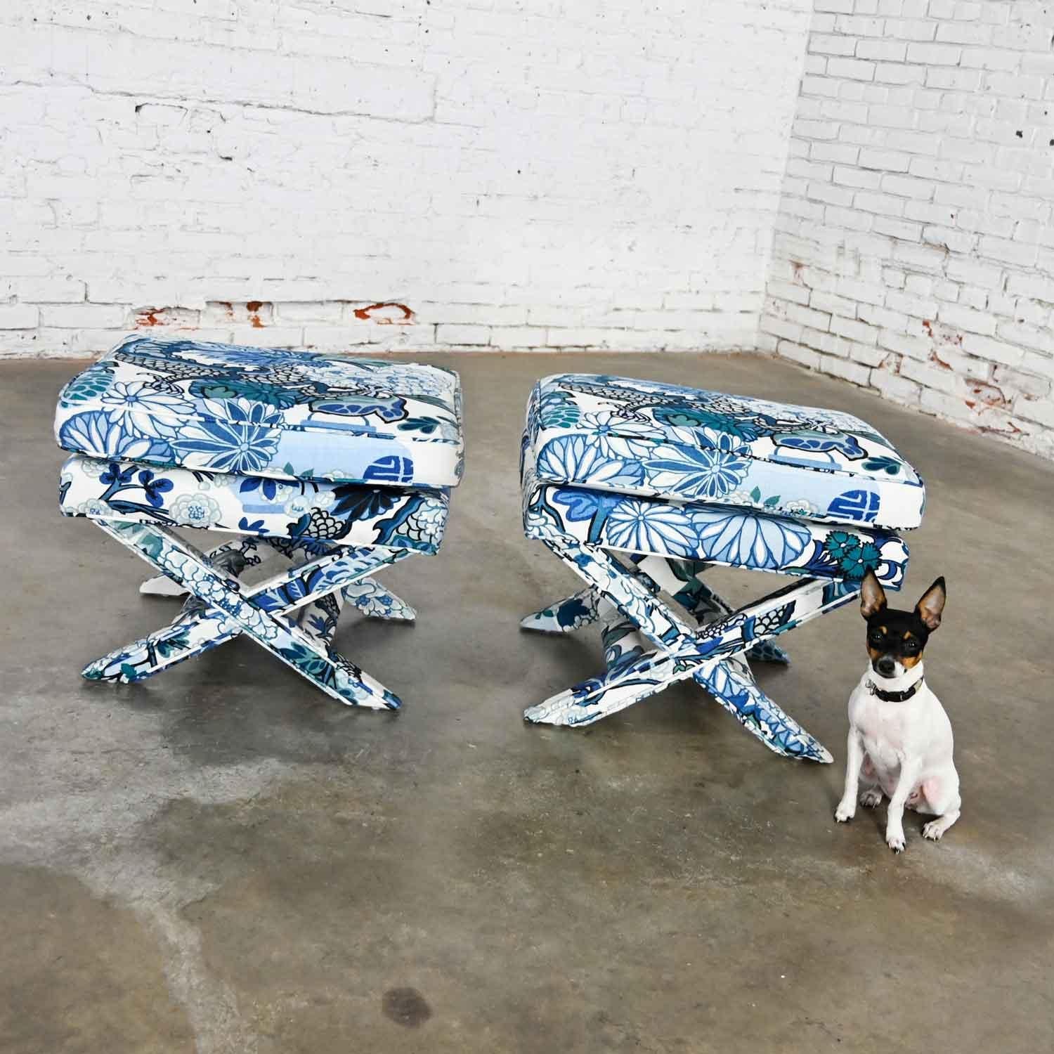 Chinoiserie Billy Baldwin Style X Base Benches Stools in Schumacher Blue Chiang Mai Dragon