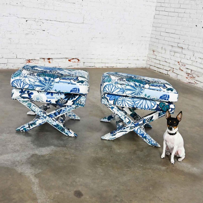 Chinoiserie Billy Baldwin Style X Base Benches Stools in Schumacher Blue Chiang Mai Dragon For Sale