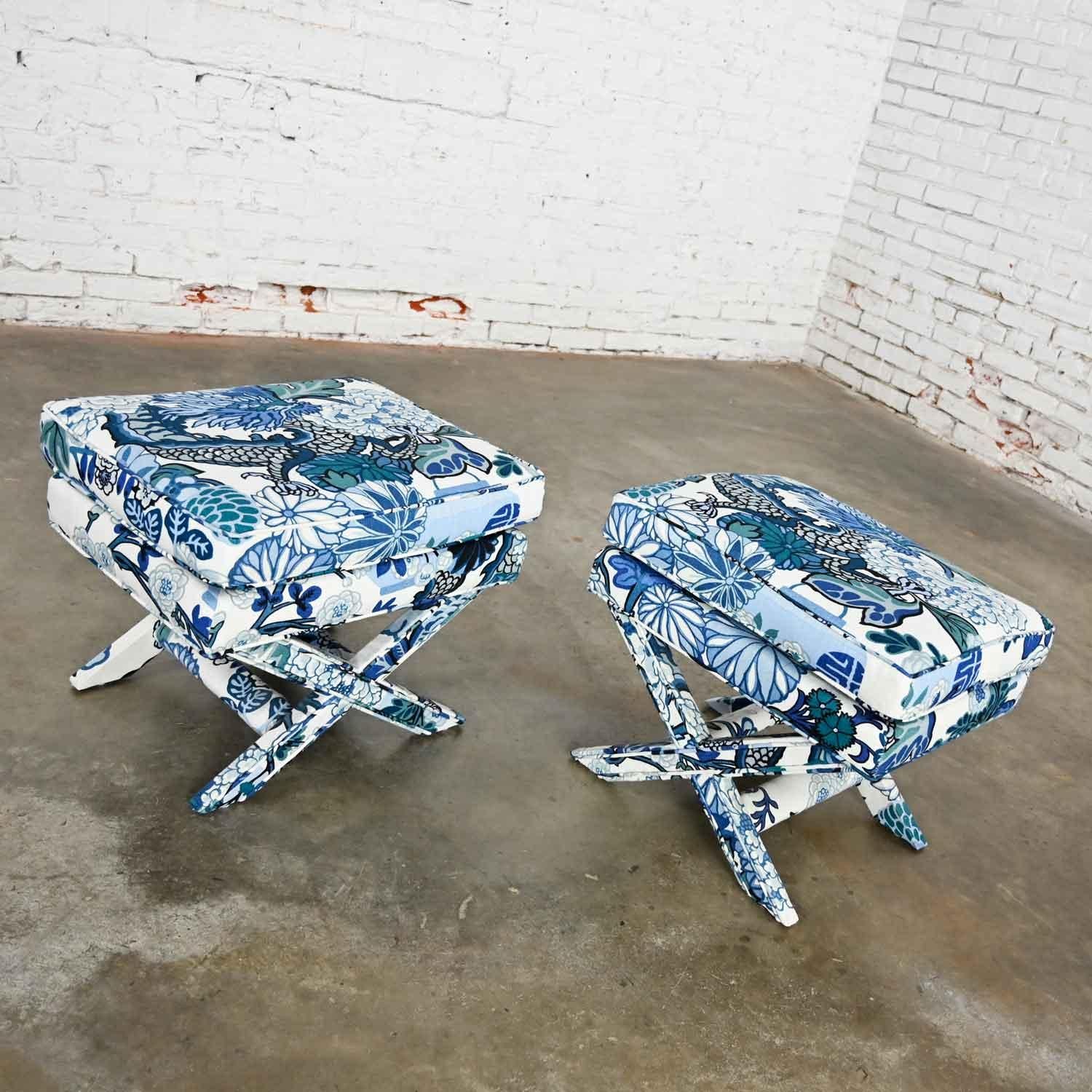 Unknown Billy Baldwin Style X Base Benches Stools in Schumacher Blue Chiang Mai Dragon