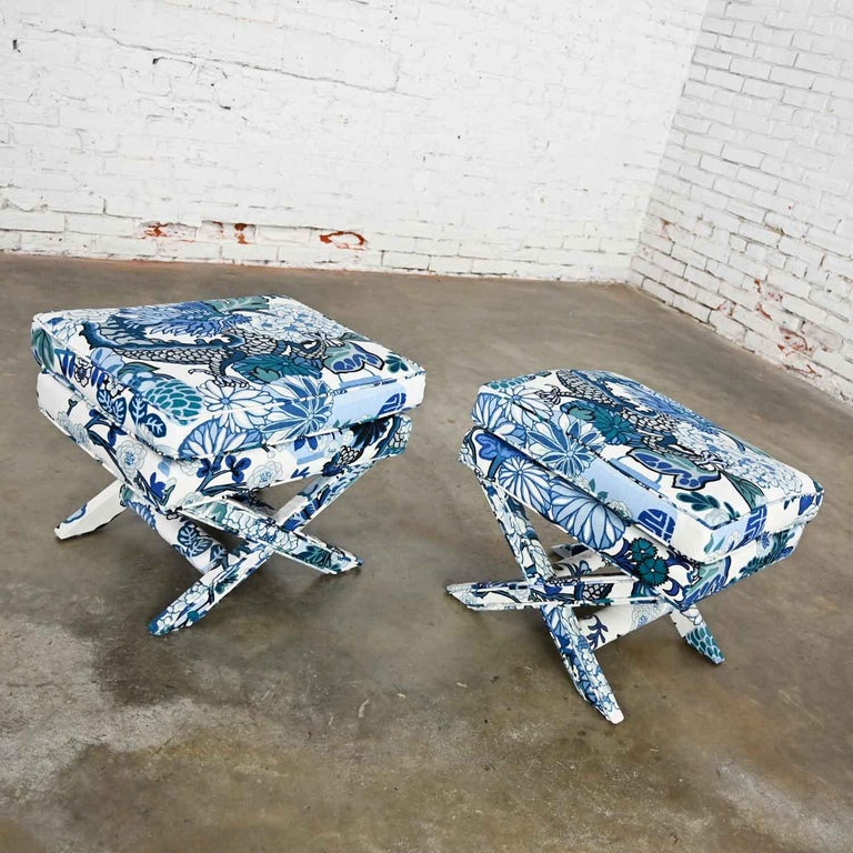 Unknown Billy Baldwin Style X Base Benches Stools in Schumacher Blue Chiang Mai Dragon For Sale
