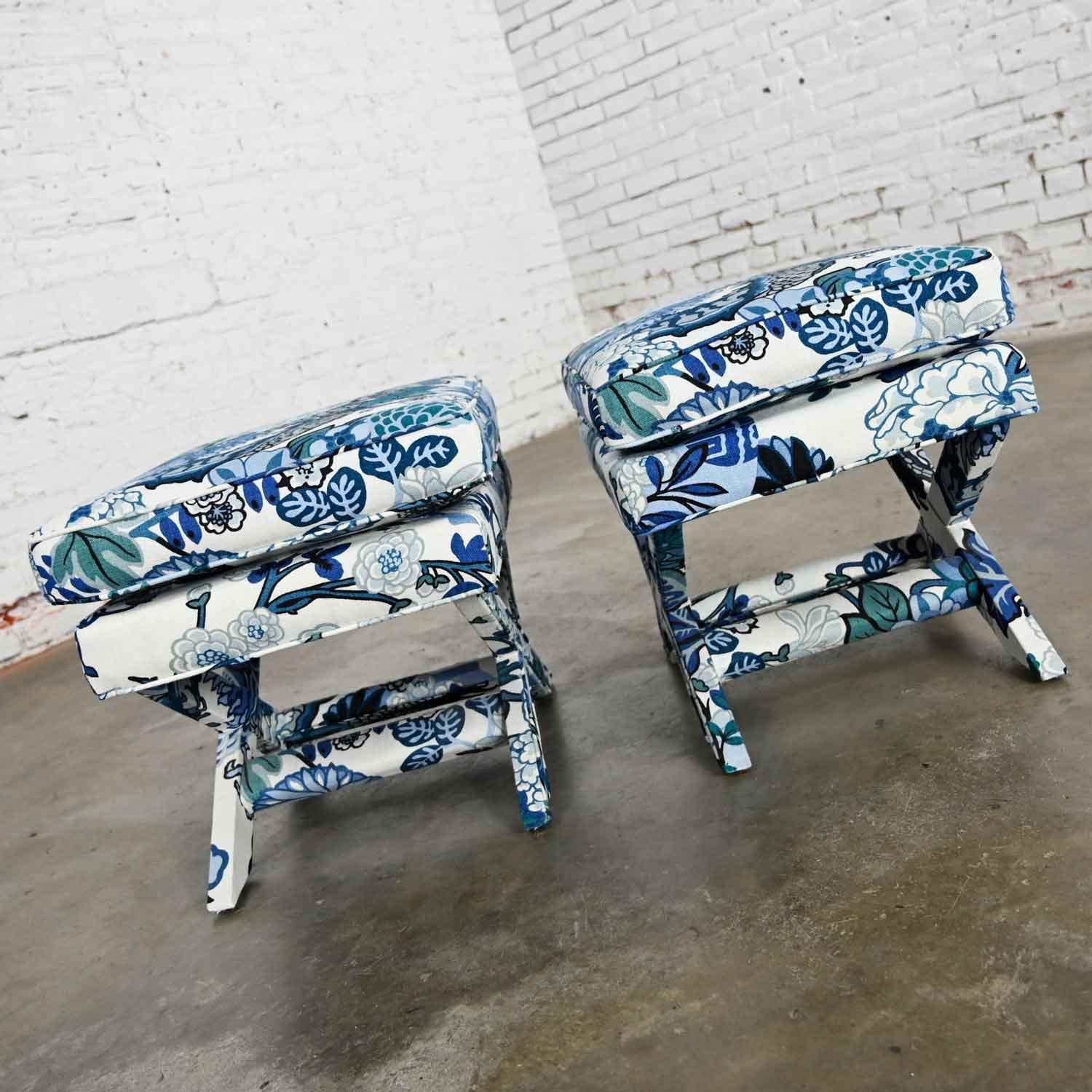 Billy Baldwin Style X Base Benches Stools in Schumacher Blue Chiang Mai Dragon In Good Condition In Topeka, KS