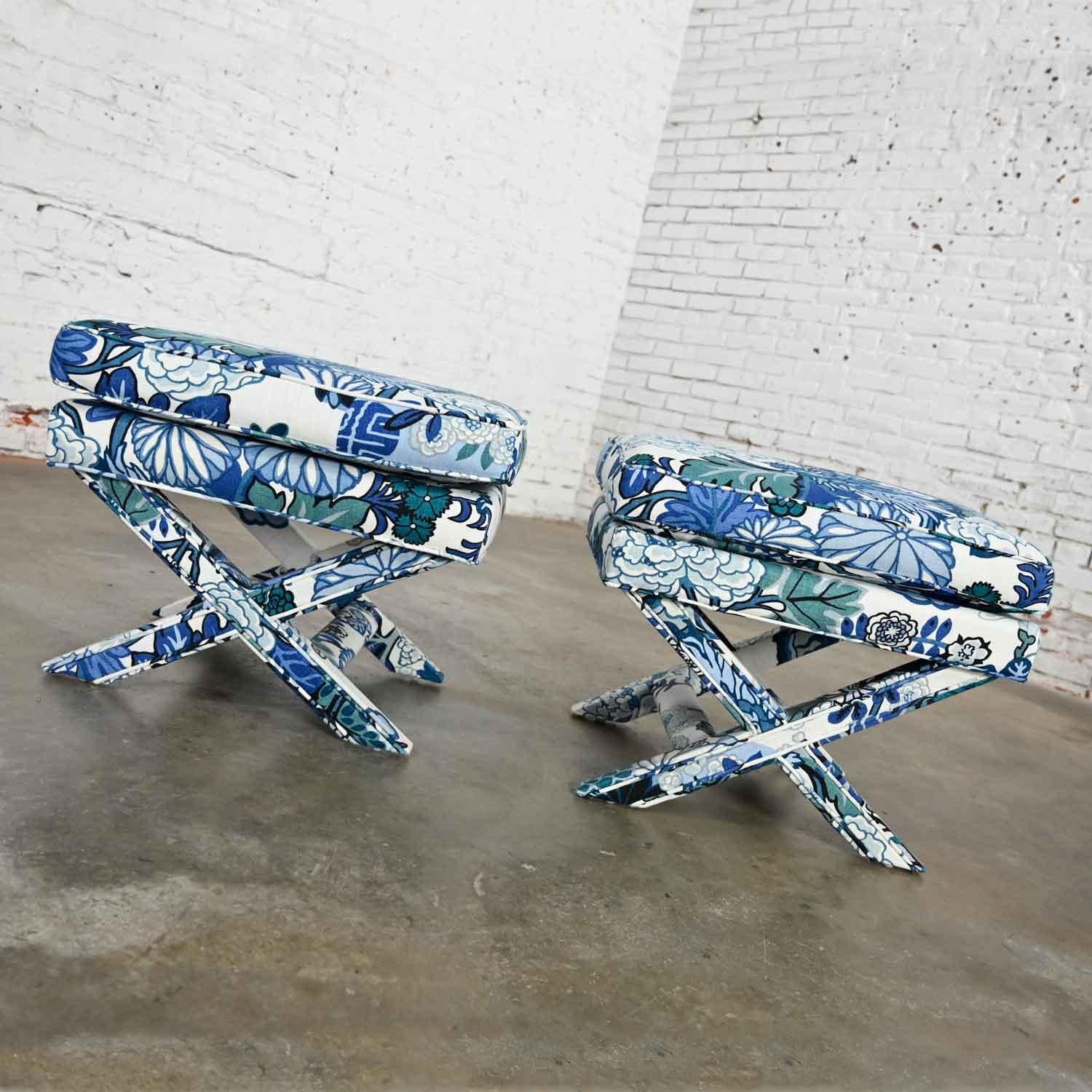 20th Century Billy Baldwin Style X Base Benches Stools in Schumacher Blue Chiang Mai Dragon
