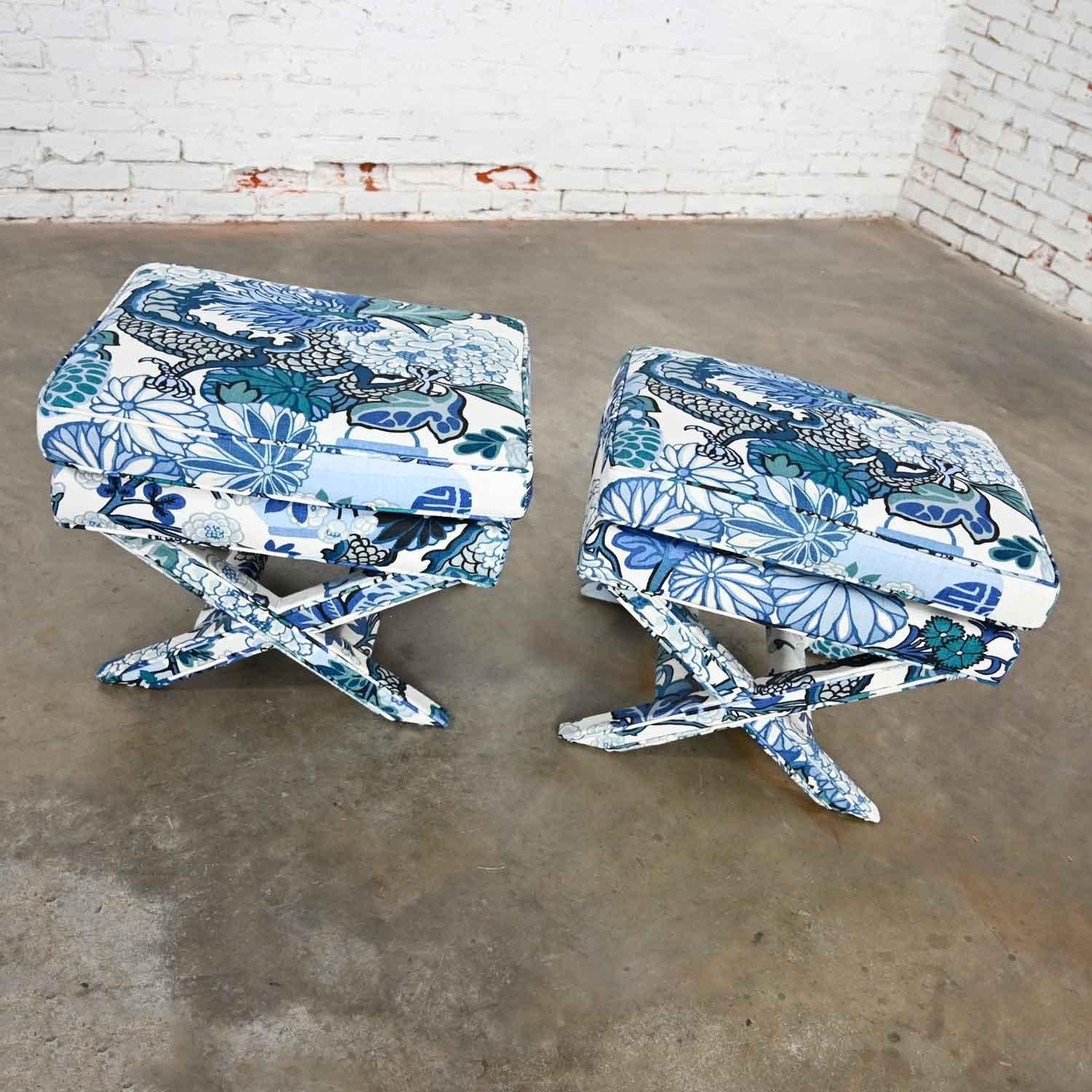 Billy Baldwin Style X Base Benches Stools in Schumacher Blue Chiang Mai Dragon 2