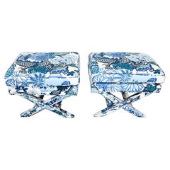 Billy Baldwin Style X Base Benches Stools in Schumacher Blue Chiang Mai Dragon
