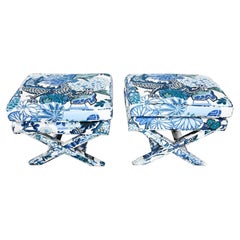 Vintage Billy Baldwin Style X Base Benches Stools in Schumacher Blue Chiang Mai Dragon