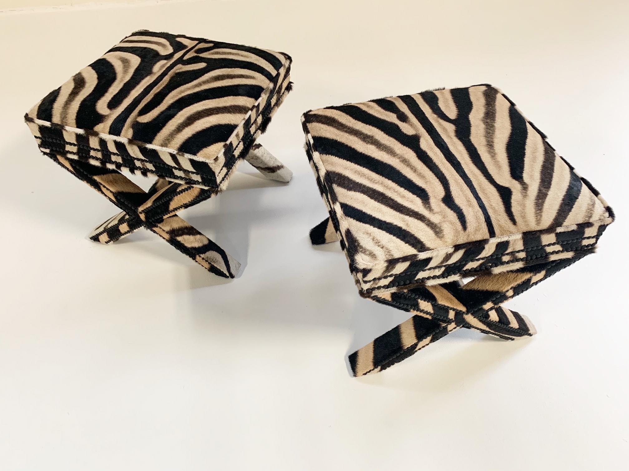North American Billy Baldwin Style X-Benches Restored in Zebra Hide, Pair
