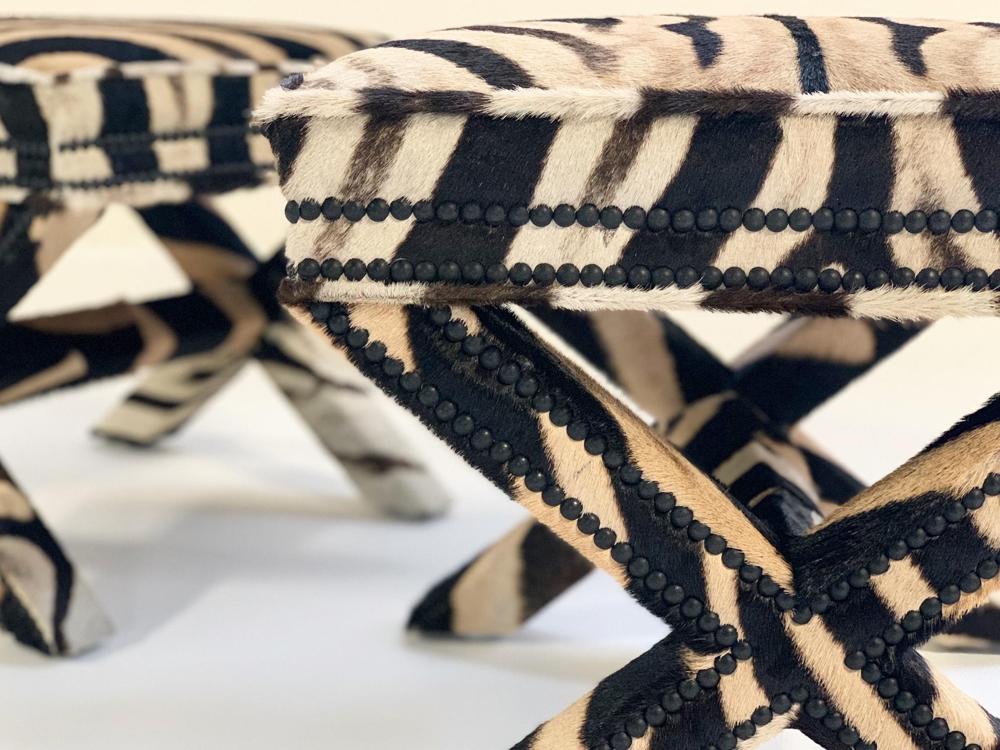 Billy Baldwin Style X-Benches Restored in Zebra Hide, Pair In Excellent Condition In SAINT LOUIS, MO