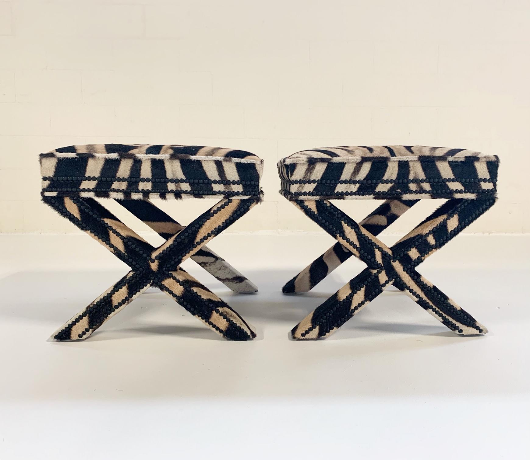 20th Century Billy Baldwin Style X-Benches Restored in Zebra Hide, Pair