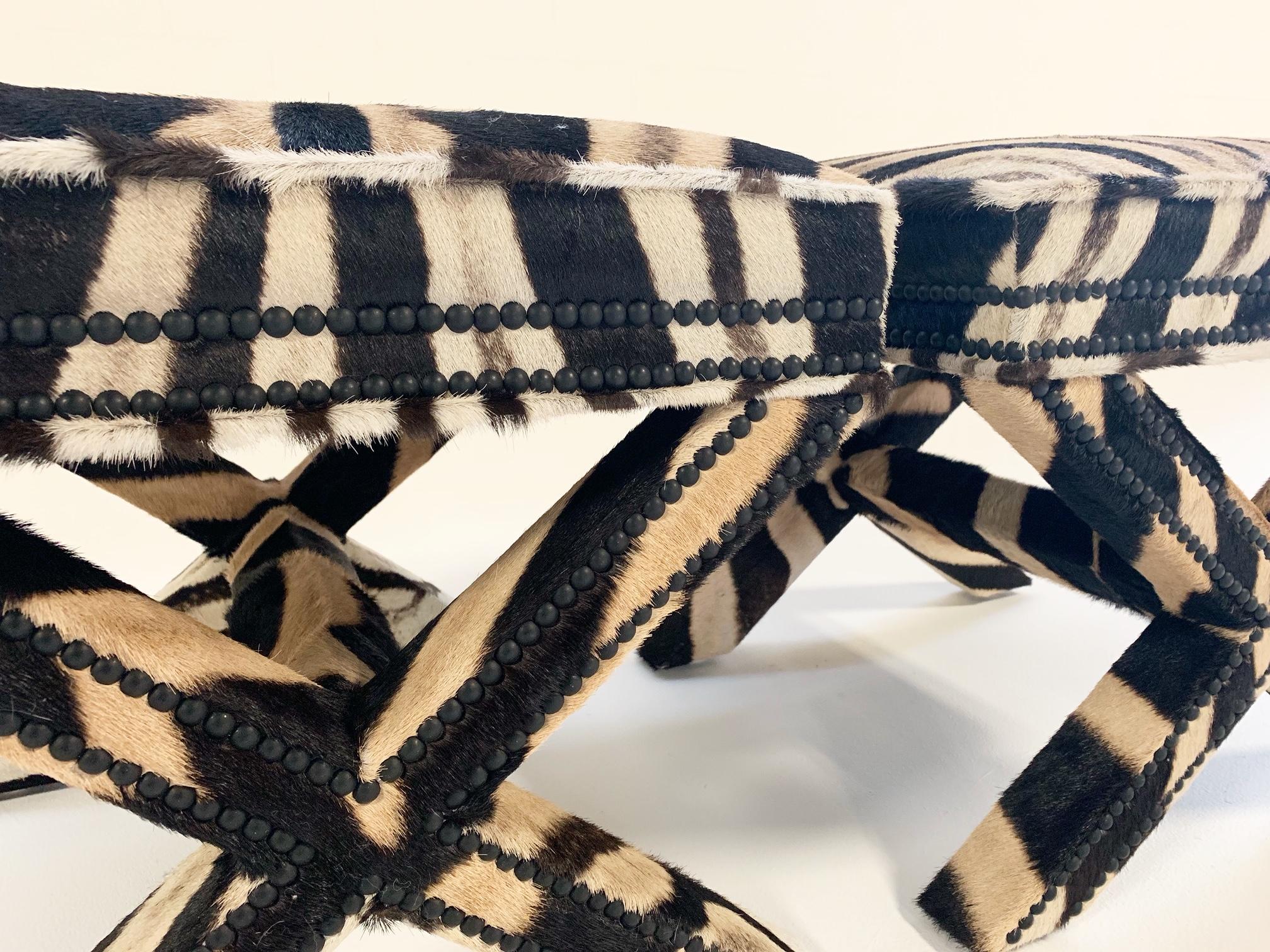 Billy Baldwin Style X-Benches Restored in Zebra Hide, Pair 1