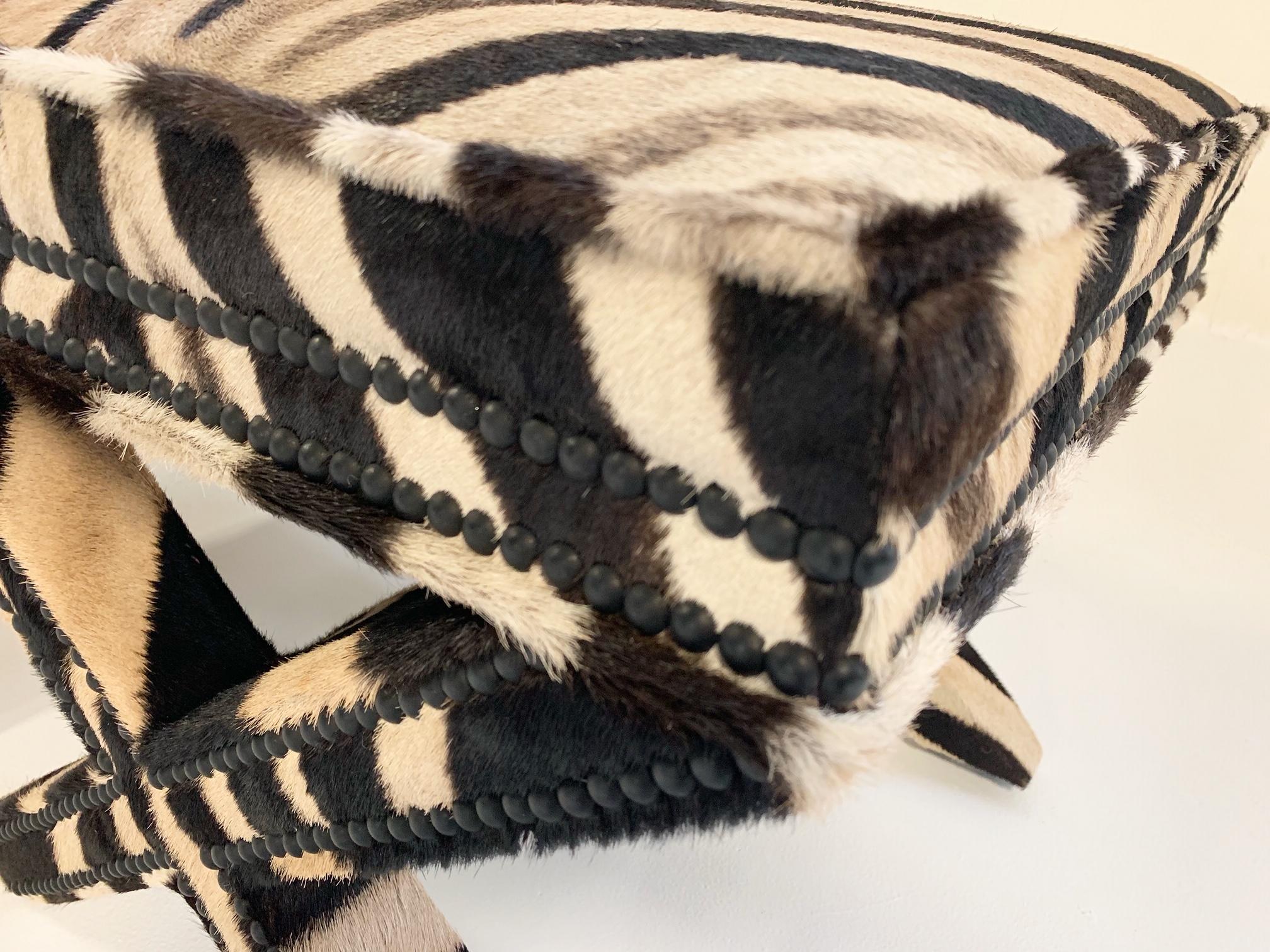 Billy Baldwin Style X-Benches Restored in Zebra Hide, Pair 3