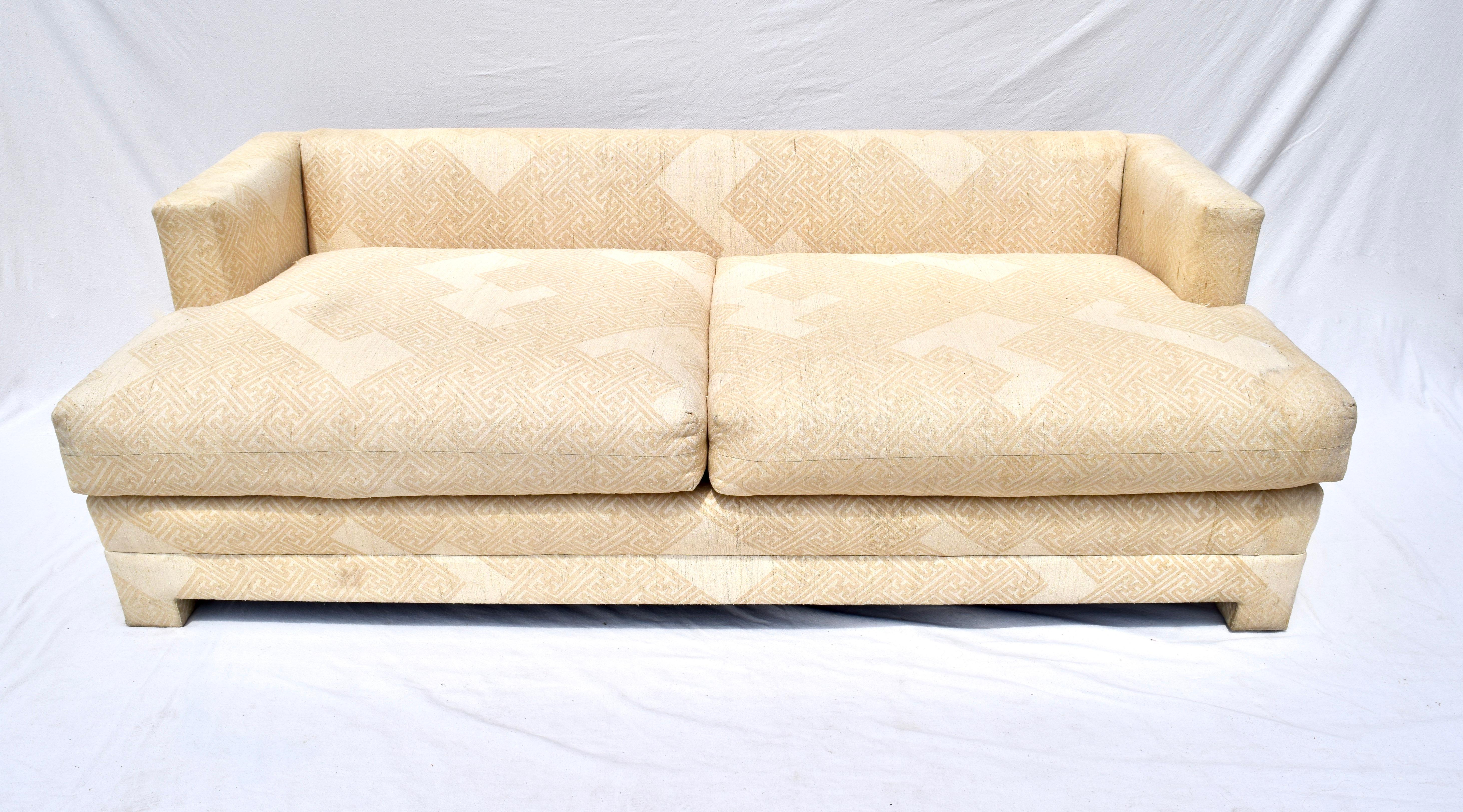 Billy Baldwin Tuxedo sofa custom commissioned by the original owner in the late 1970s. Hand block tribal print raw silk upholstery has water damage, professionally cleaned ready for your customization. New upholstery recommended. Exceptionally high