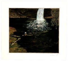 Swimmer and Waterfall