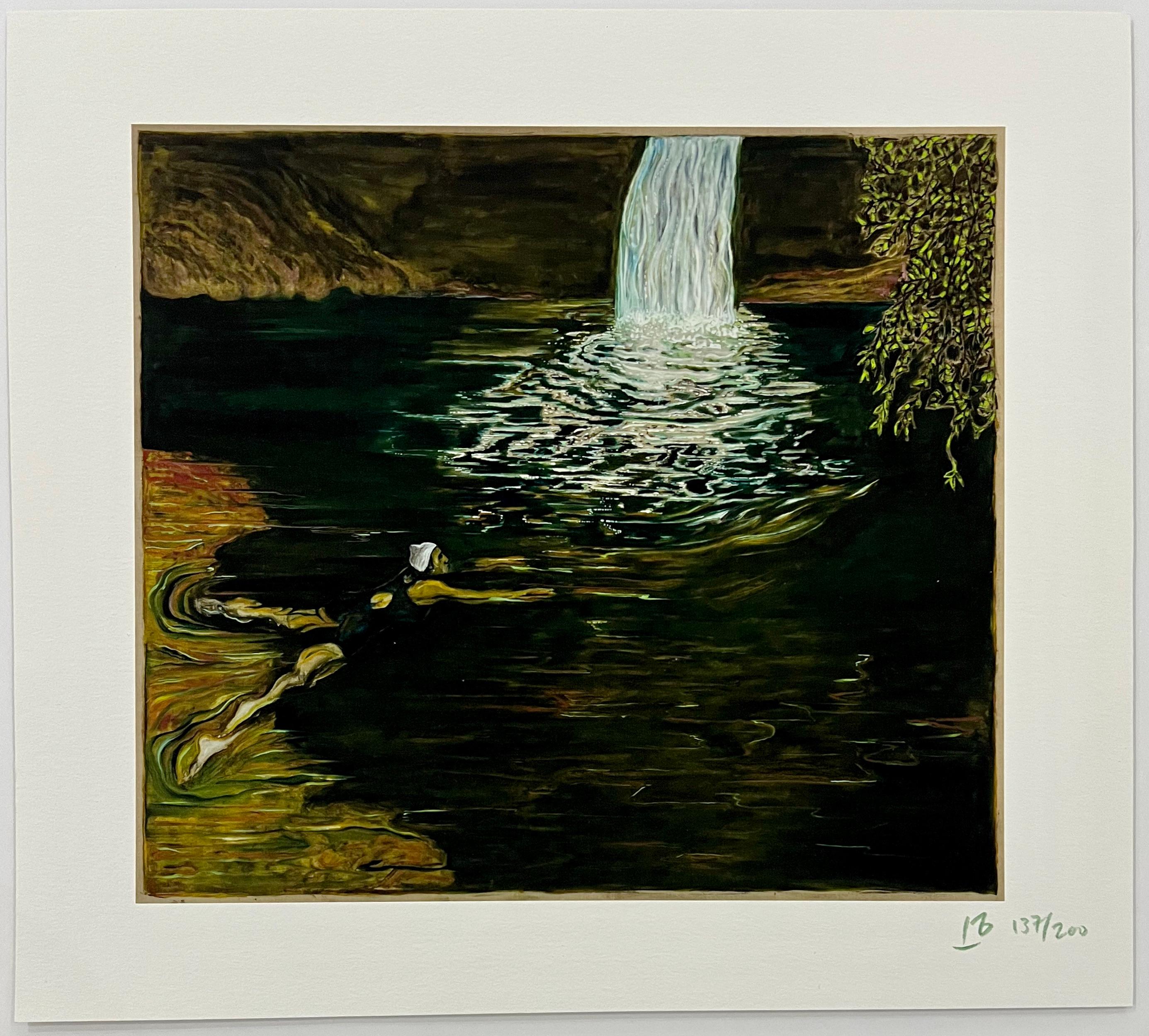 Billy Childish Landscape Print - Swimmer and Waterfall - Archival Print, Signed Edition of 200
