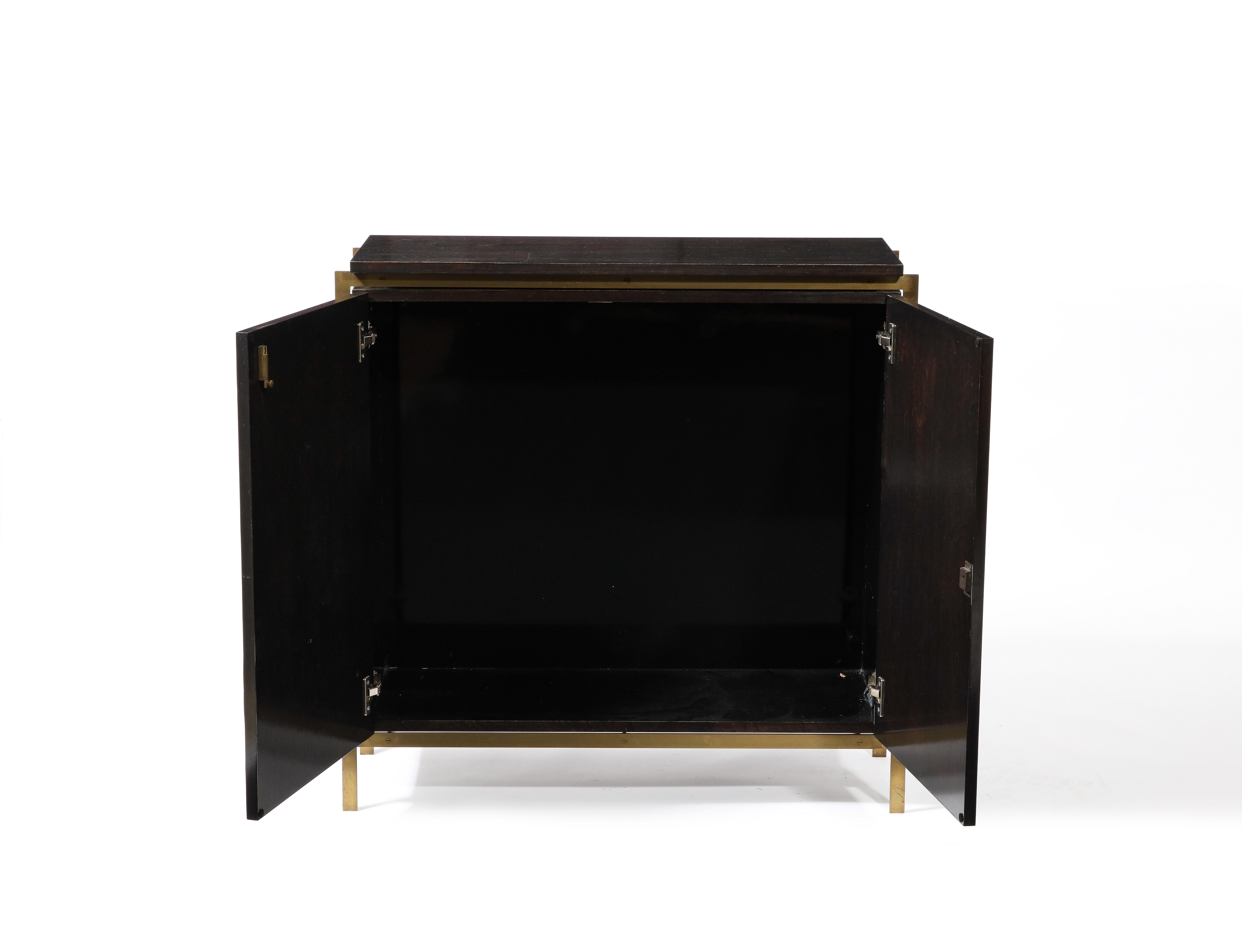 Patinated Billy Cotton Modernist Credenza in Brass, Dark Wood and Lacquer, USA 2014