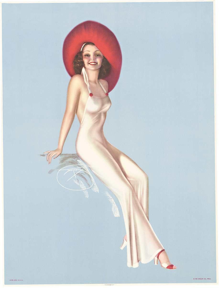 Pin Up Girl with Red Hat, untitled, original pinup vintage poster - Print by Billy Devorss