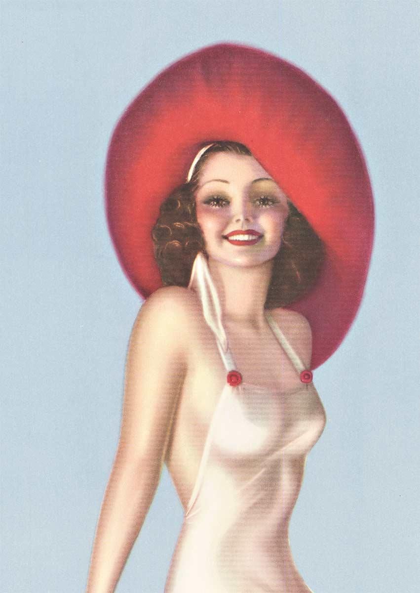 Pin Up Girl with Red Hat, untitled, original pinup vintage poster - American Realist Print by Billy Devorss
