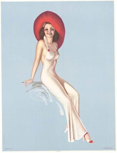 Pin Up Girl with Red Hat, untitled, original pinup Vintage poster