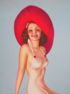 Pin Up with Red Hat - Lithograph