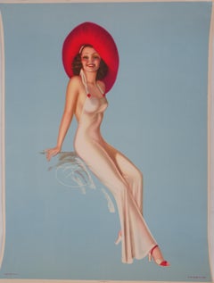 Pin Up mit rotem Hut - Lithographie