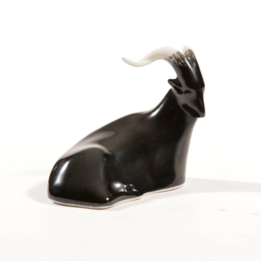 Small, but elegant and beautiful porcelain sculpture of billy goat laying down. Black goat with white horns. Produced by Royal Dux company in Czech Republic in 1960s. Original label on the back of the statue and marked on the bottom. Beautiful item!